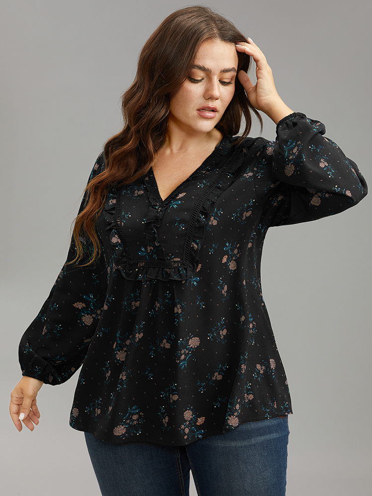 Plus Size Yellow Ditsy Floral Lantern Sleeve Frill Trim Blouse Women Elegant Long Sleeve V-neck Dailywear Blouses BloomChic 18-20/2X 
