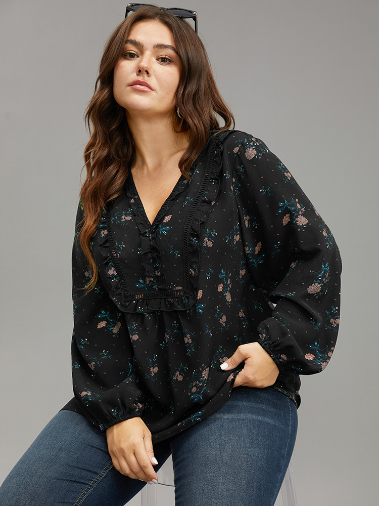 Plus Size Yellow Ditsy Floral Lantern Sleeve Frill Trim Blouse Women Elegant Long Sleeve V-neck Dailywear Blouses BloomChic 18-20/2X 