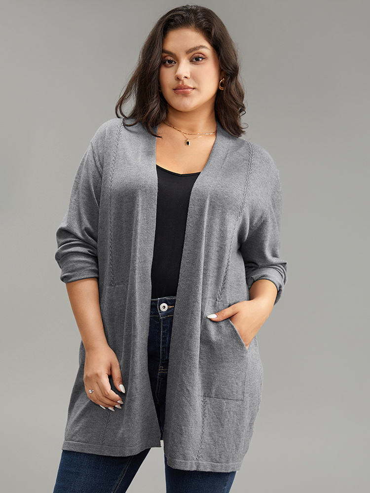 

Plus Size Supersoft Essentials Solid Loose Patched Pocket Cardigan Gray Women Casual Loose Long Sleeve Everyday Cardigans BloomChic