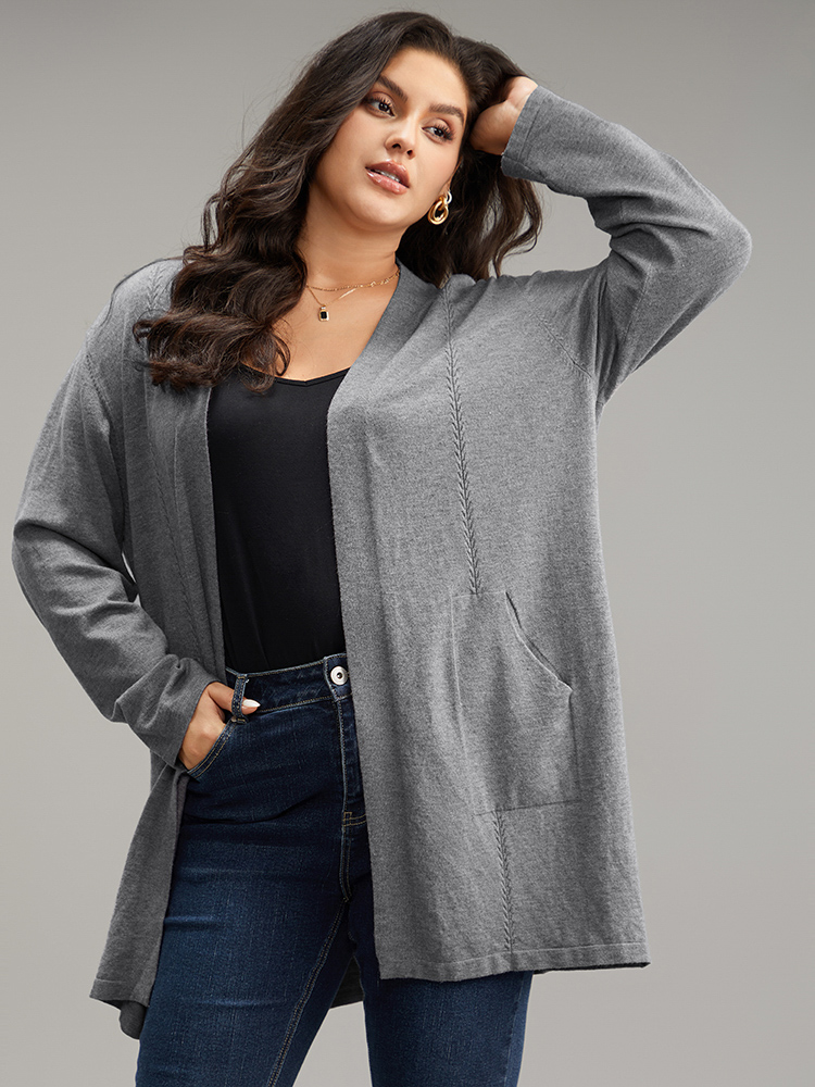 

Plus Size Supersoft Essentials Solid Loose Patched Pocket Cardigan Gray Women Casual Loose Long Sleeve Everyday Cardigans BloomChic