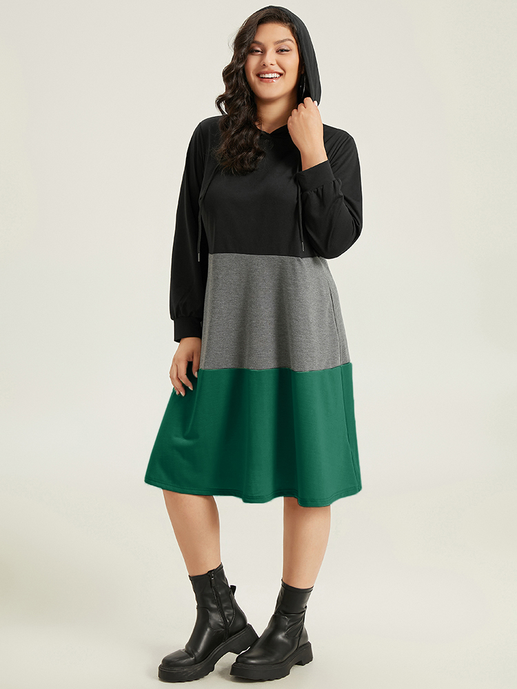 

Plus Size Colorblock Contrast Hooded Drawstring Dress DarkGreen Women Casual Contrast Hooded Long Sleeve Curvy Midi Dress BloomChic