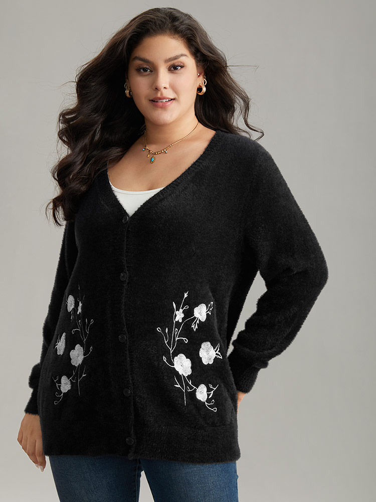 

Plus Size Floral Embroidered Fuzzy Open Front Cardigan Black Women Casual Loose Long Sleeve Everyday Cardigans BloomChic