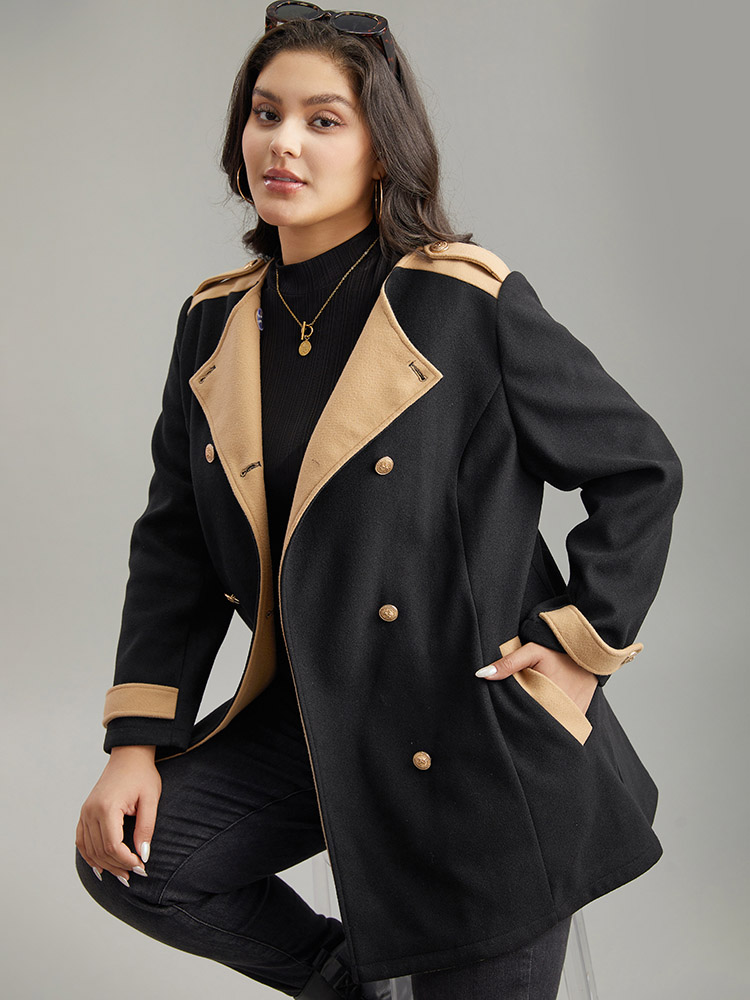 

Plus Size Lapel Collar Patchwork Double Breasted Pocket Coat Women Black Casual Contrast Ladies Dailywear Winter Coats BloomChic