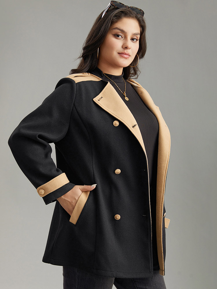 

Plus Size Lapel Collar Patchwork Double Breasted Pocket Coat Women Black Casual Contrast Ladies Dailywear Winter Coats BloomChic