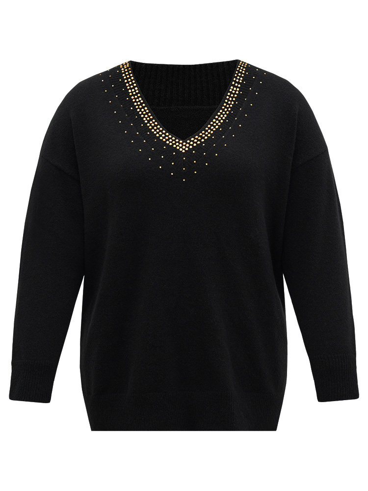 

Plus Size Anti-Pilling Rhinestone Drop Shoulder Pullover Black Women Casual Loose Long Sleeve V-neck Dailywear Pullovers BloomChic