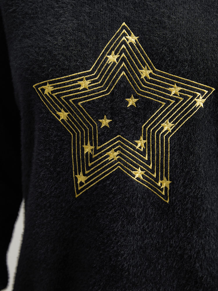 

Plus Size Star Embroidered Contrast Trim Pullover Black Women Casual Loose Long Sleeve Round Neck Dailywear Pullovers BloomChic