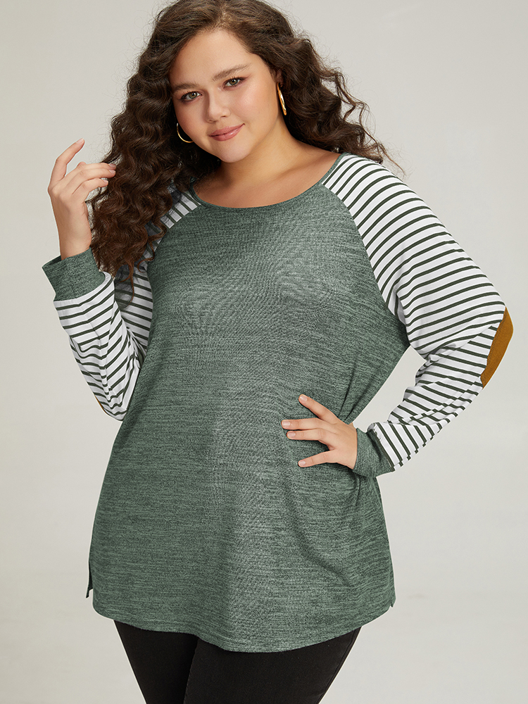 Plus Size Striped Raglan Sleeve Patched Split Side T-shirt Green Women Casual Contrast Striped Round Neck Dailywear T-shirts BloomChic 28/5X 
