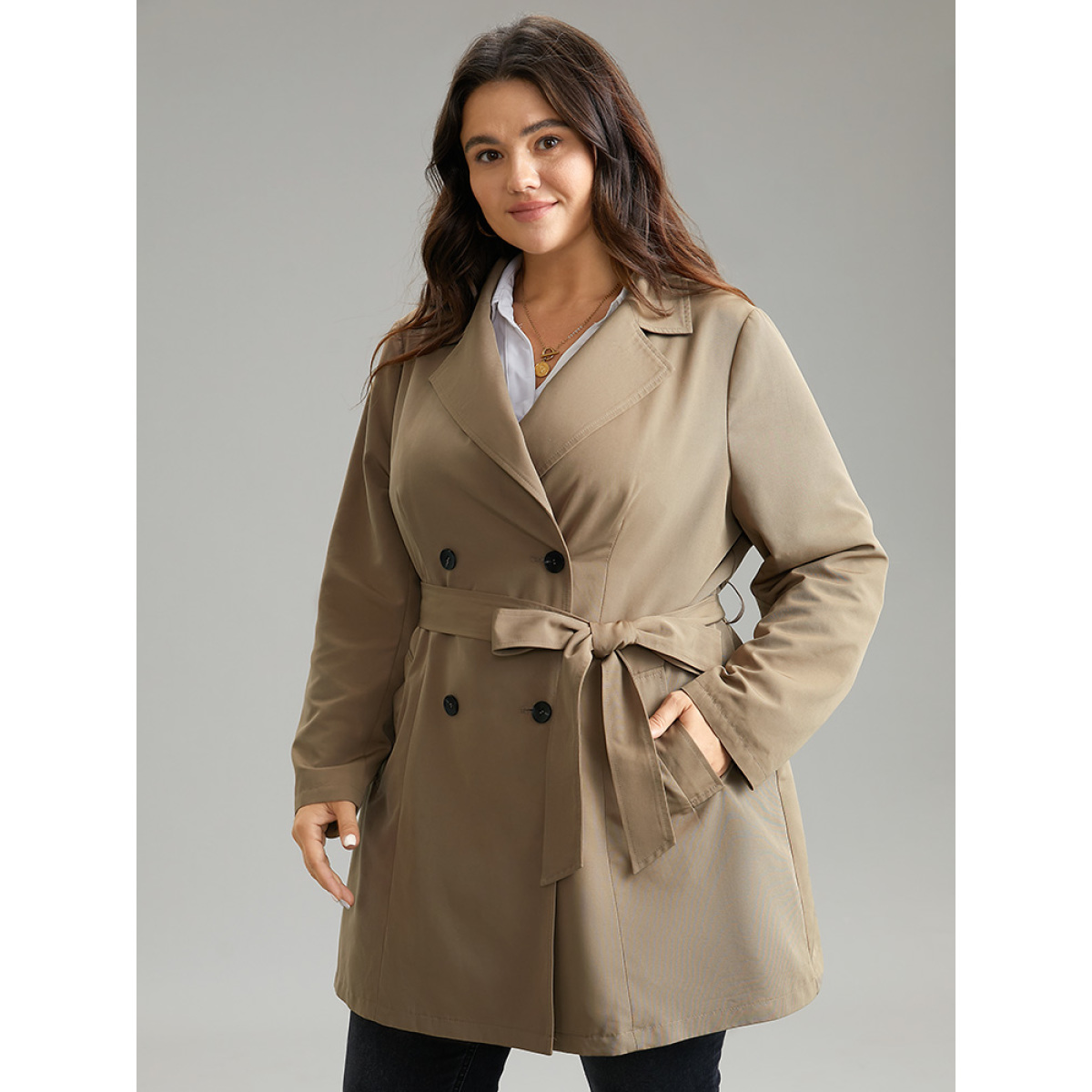 

Plus Size Plain Double Breasted Belted Lapel Collar Coat Women LightBrown Casual Plain Ladies Dailywear Winter Coats BloomChic