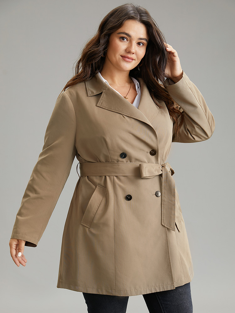Plus Size Plain Double Breasted Belted Lapel Collar Coat Women LightBrown Casual Plain Ladies Dailywear Winter Coats BloomChic 22-24/3X 