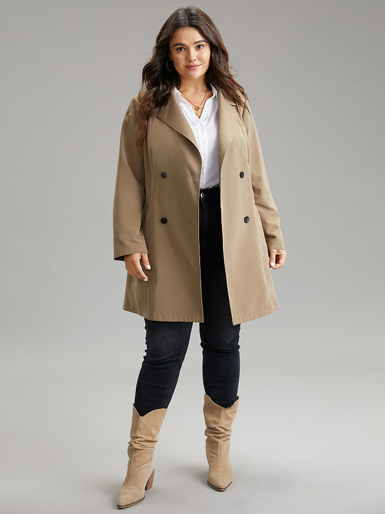 Plus Size Plain Double Breasted Belted Lapel Collar Coat Women LightBrown Casual Plain Ladies Dailywear Winter Coats BloomChic 22-24/3X 