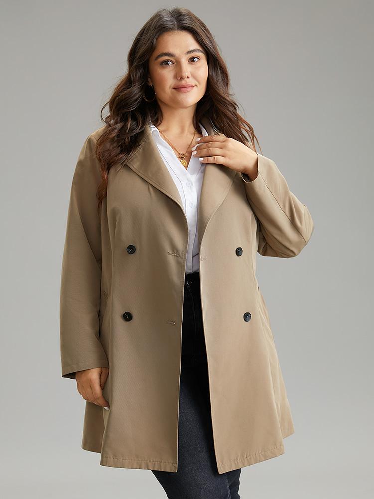 Plus Size Plain Double Breasted Belted Lapel Collar Coat Women LightBrown Casual Plain Ladies Dailywear Winter Coats BloomChic 22-24/3X 