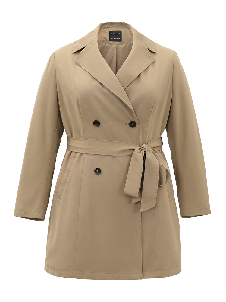 Plus Size Plain Double Breasted Belted Lapel Collar Coat Women LightBrown Casual Plain Ladies Dailywear Winter Coats BloomChic 22-24/3X 