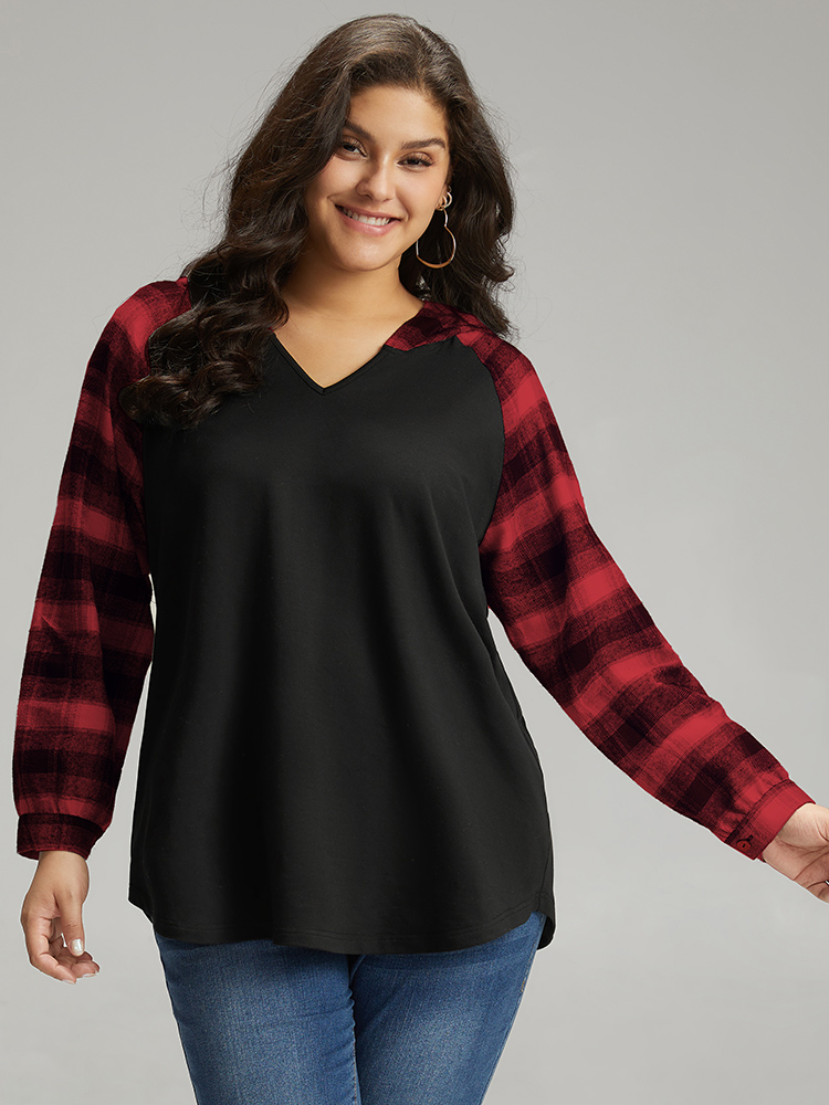 

Plus Size Plaid Print Hooded Patchwork Sweatshirt Women Red Casual Patchwork Hooded Everyday Sweatshirts BloomChic