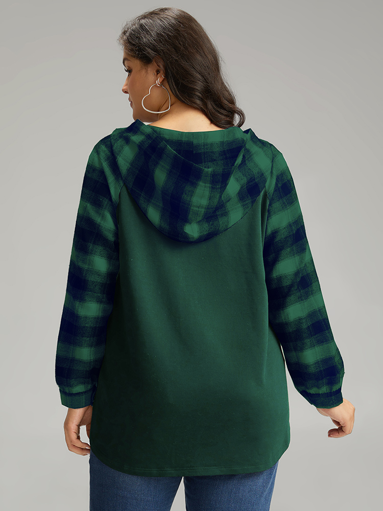 

Plus Size Plaid Print Hooded Patchwork Sweatshirt Women DarkGreen Casual Patchwork Hooded Everyday Sweatshirts BloomChic