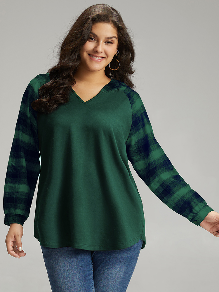 Plus Size Plaid Print Hooded Patchwork Sweatshirt Women DarkGreen Casual Patchwork Hooded Everyday Sweatshirts BloomChic 30/6X 