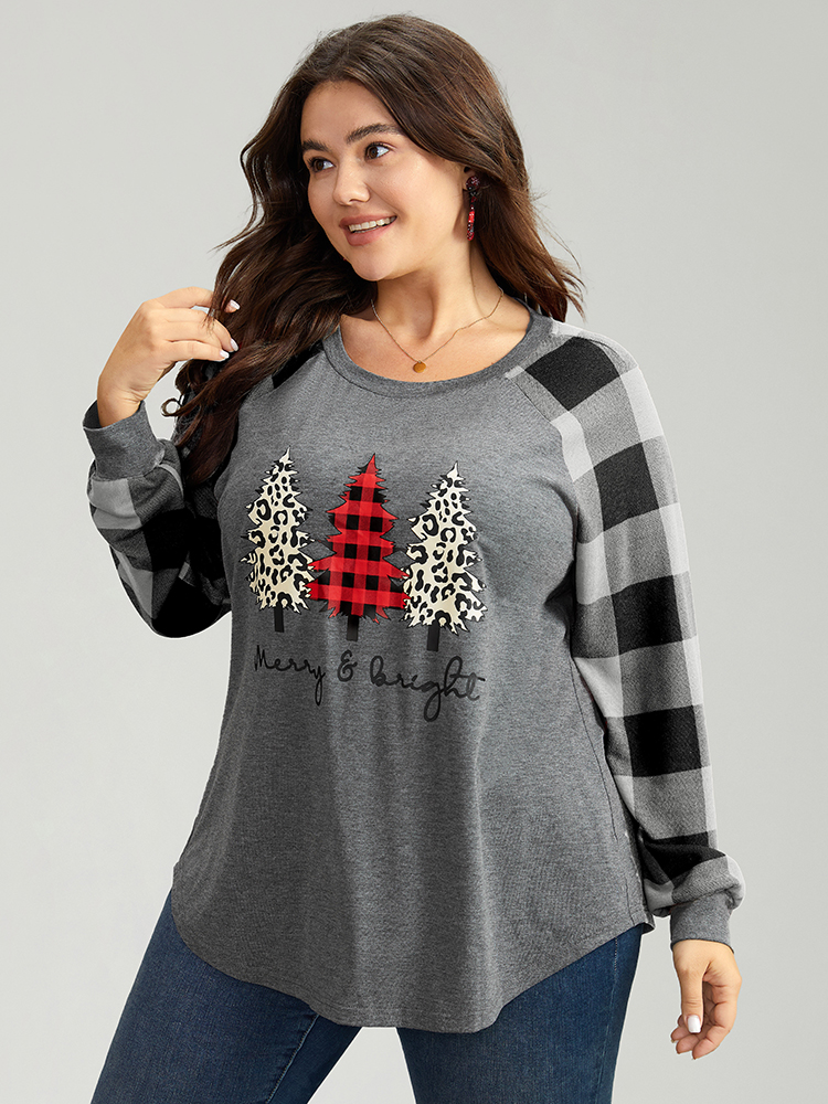 

Plus Size Plaid Christmas Trees Round Neck T-shirt Black Women Casual Contrast Christmas Festival-Christmas T-shirts BloomChic