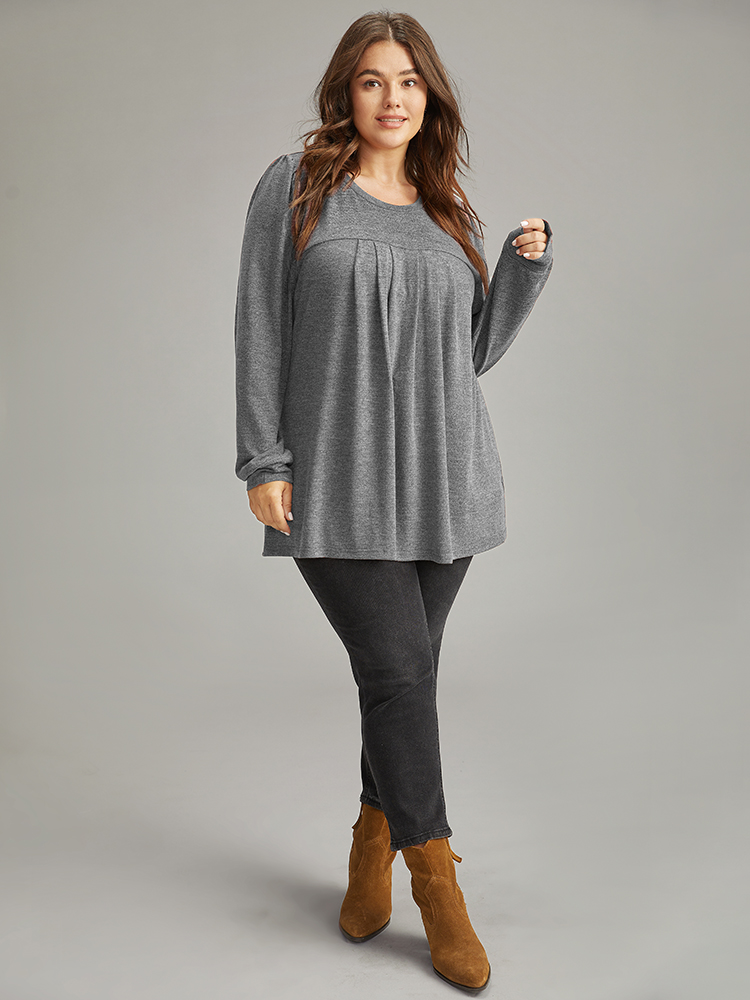 

Plus Size Plain Heather Plicated Detail T-shirt Gray Round Neck Long Sleeve Casual Jersey Tops