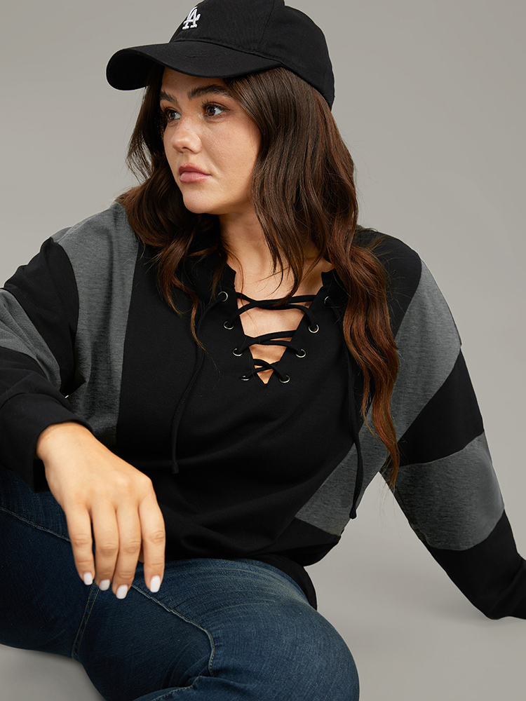 Plus Size Cotton Colorblock Contrast Lace Up Sweatshirt Women Gray Casual Elastic cuffs V-neck Dailywear Sweatshirts BloomChic 22-24/3X 