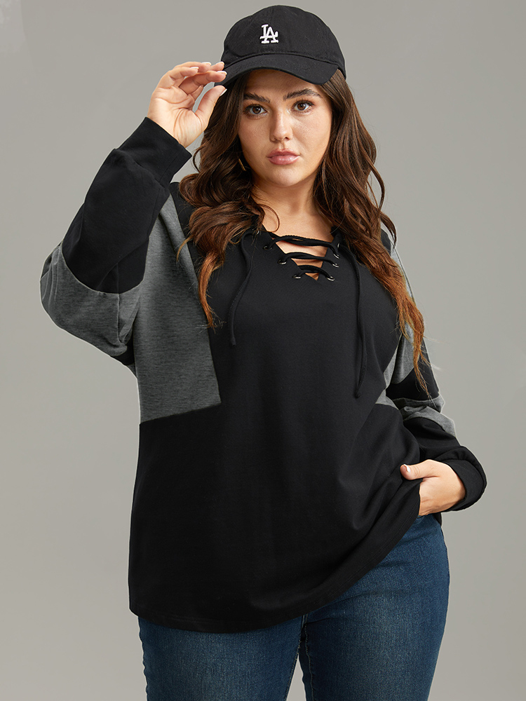Plus Size Cotton Colorblock Contrast Lace Up Sweatshirt Women Gray Casual Elastic cuffs V-neck Dailywear Sweatshirts BloomChic 22-24/3X 