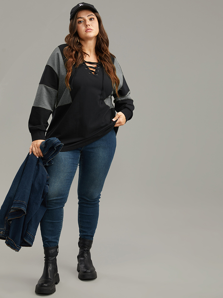 Plus Size Cotton Colorblock Contrast Lace Up Sweatshirt Women Gray Casual Elastic cuffs V-neck Dailywear Sweatshirts BloomChic 22-24/3X 