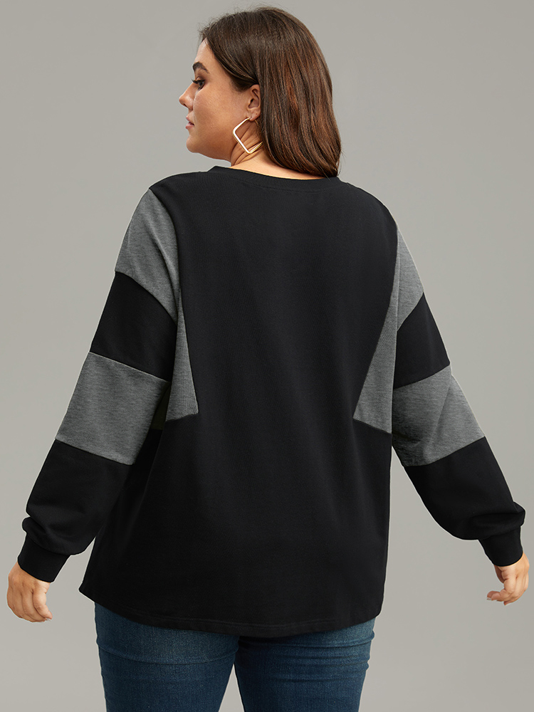 Plus Size Cotton Colorblock Contrast Lace Up Sweatshirt Women Gray Casual Elastic cuffs V-neck Dailywear Sweatshirts BloomChic 22-24/3X 