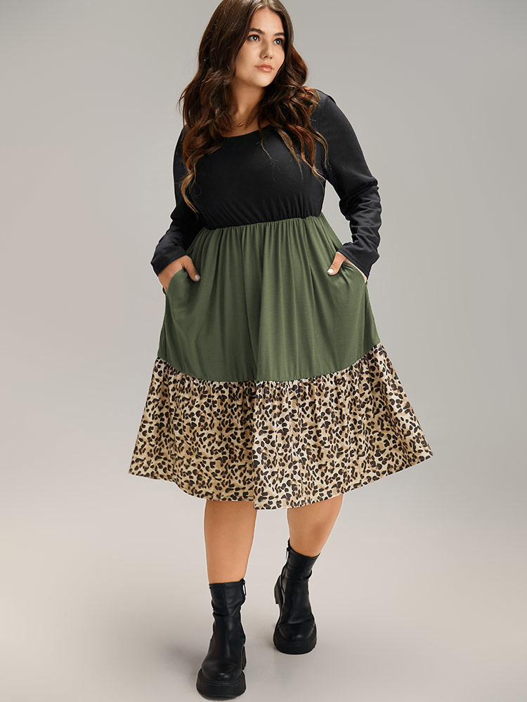 

Plus Size Supersoft Essentials Colorblock Contrast Leopard Dress ArmyGreen Women Casual Patchwork Round Neck Long Sleeve Curvy Midi Dress BloomChic