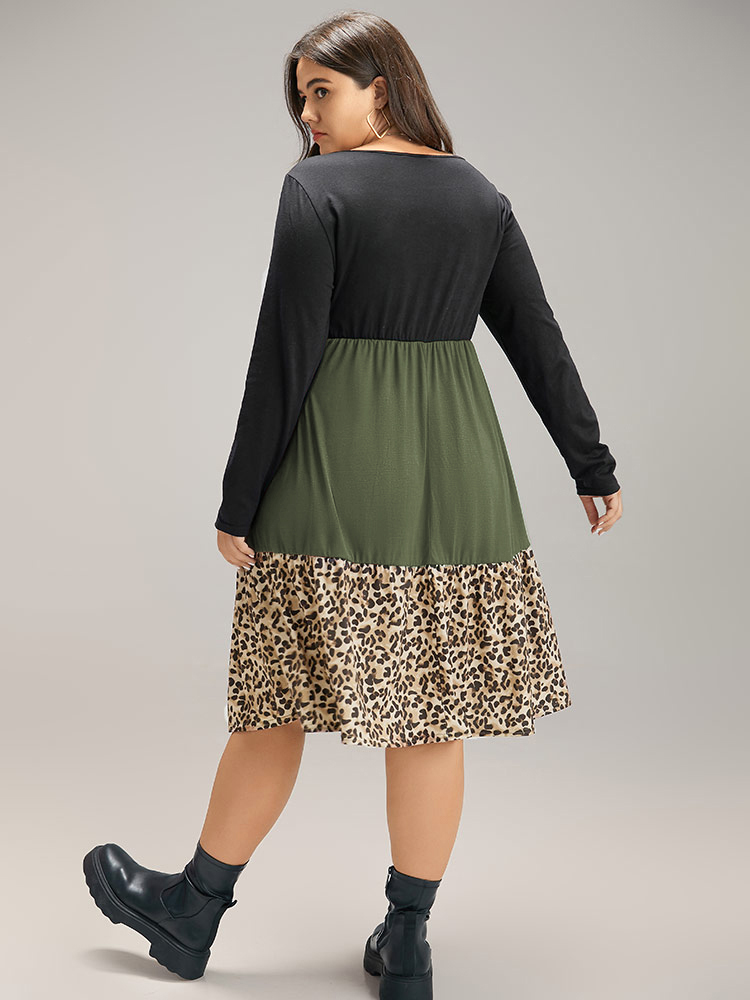 Plus Size Supersoft Essentials Colorblock Contrast Leopard Dress ArmyGreen Women Casual Patchwork Round Neck Long Sleeve Curvy Midi Dress BloomChic 18-20/2X 