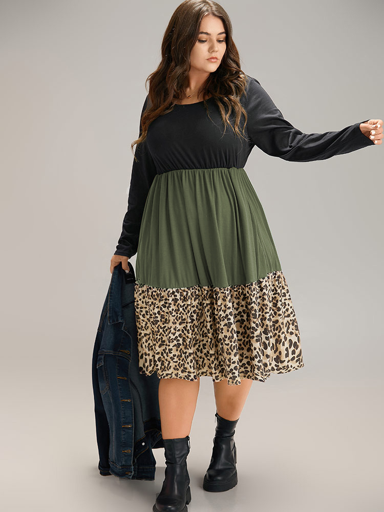 Plus Size Supersoft Essentials Colorblock Contrast Leopard Dress ArmyGreen Women Casual Patchwork Round Neck Long Sleeve Curvy Midi Dress BloomChic 18-20/2X 