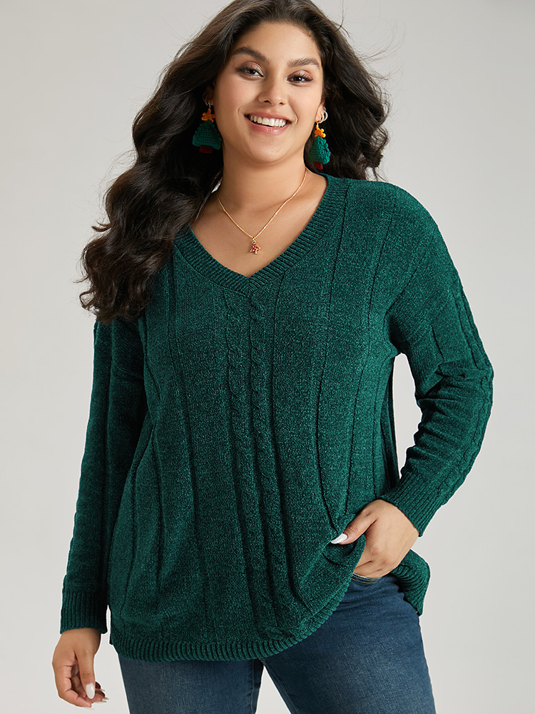 

Plus Size Christmas Plain Cable Knit V Neck Pullover Emerald Women Casual Loose Long Sleeve V-neck Festival-Christmas Pullovers BloomChic