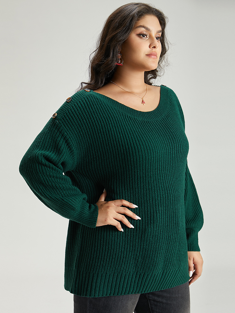 

Plus Size Plain Plisse Lantern Sleeve Pullover DarkGreen Women Casual Loose Long Sleeve Round Neck Festival-Christmas Pullovers BloomChic