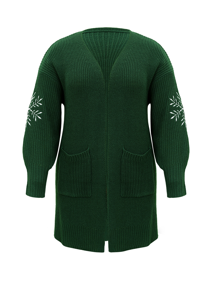 

Plus Size Snowflake Embroidered Patched Pocket Cardigan DarkGreen Women Casual Loose Long Sleeve Festival-Christmas Cardigans BloomChic