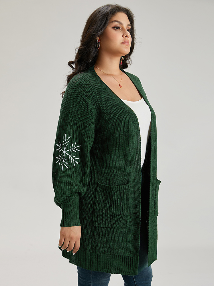 

Plus Size Snowflake Embroidered Patched Pocket Cardigan DarkGreen Women Casual Loose Long Sleeve Festival-Christmas Cardigans BloomChic