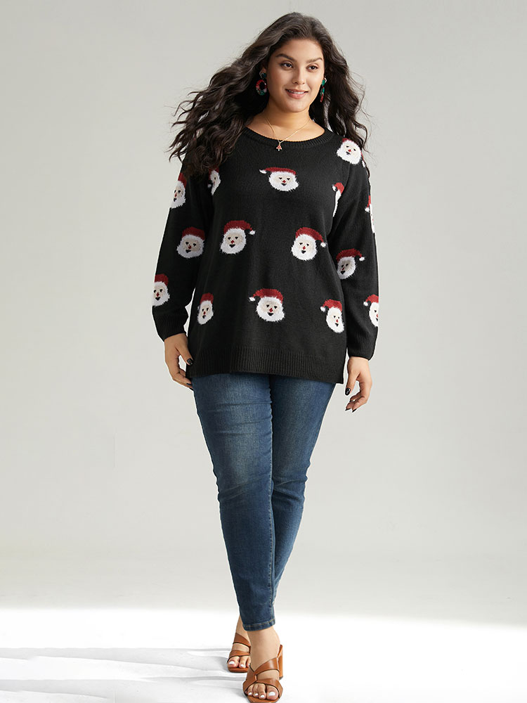 

Plus Size Christmas Santa Claus Round Neck Pullover Black Women Casual Long Sleeve Round Neck Festival-Christmas Pullovers BloomChic