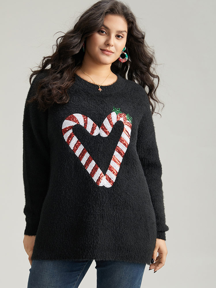 

Plus Size Sequin Christmas Heart Graphic Pullover Black Women Casual Loose Long Sleeve Round Neck Festival-Christmas Pullovers BloomChic