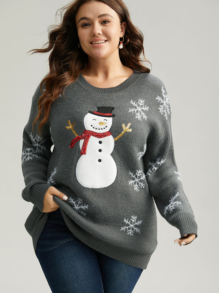 

Plus Size Sequin Christmas Graphic Drop Shoulder Pullover DimGray Women Casual Loose Long Sleeve Round Neck Festival-Christmas Pullovers BloomChic