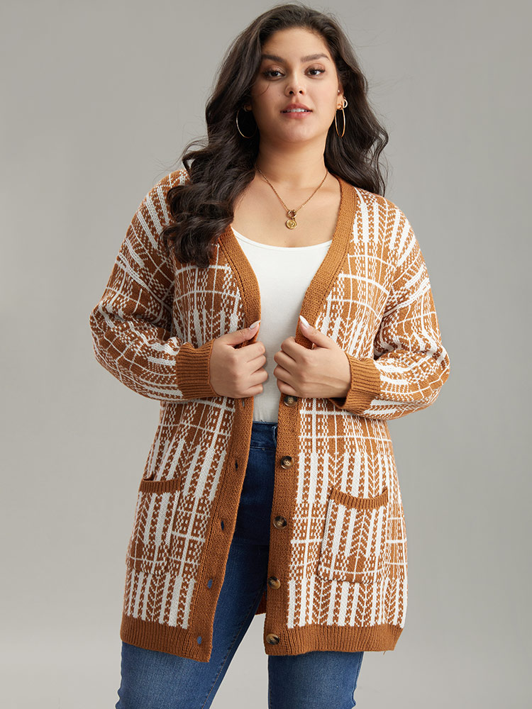 

Plus Size Boho Print Contrast Pocket Open Front Cardigan Chocolate Women Casual Loose Long Sleeve Dailywear Cardigans BloomChic