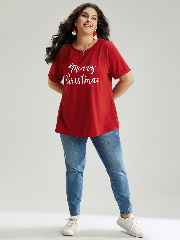 

Plus Size Christmas Print Round Neck T-shirt Red Women Casual Printed Christmas Festival-Christmas T-shirts BloomChic