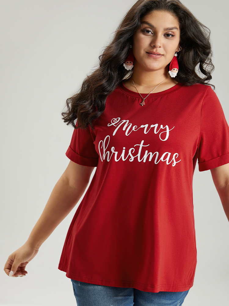 Plus Size Christmas Print Round Neck T-shirt Red Women Casual Printed Christmas Festival-Christmas T-shirts BloomChic 10/M 