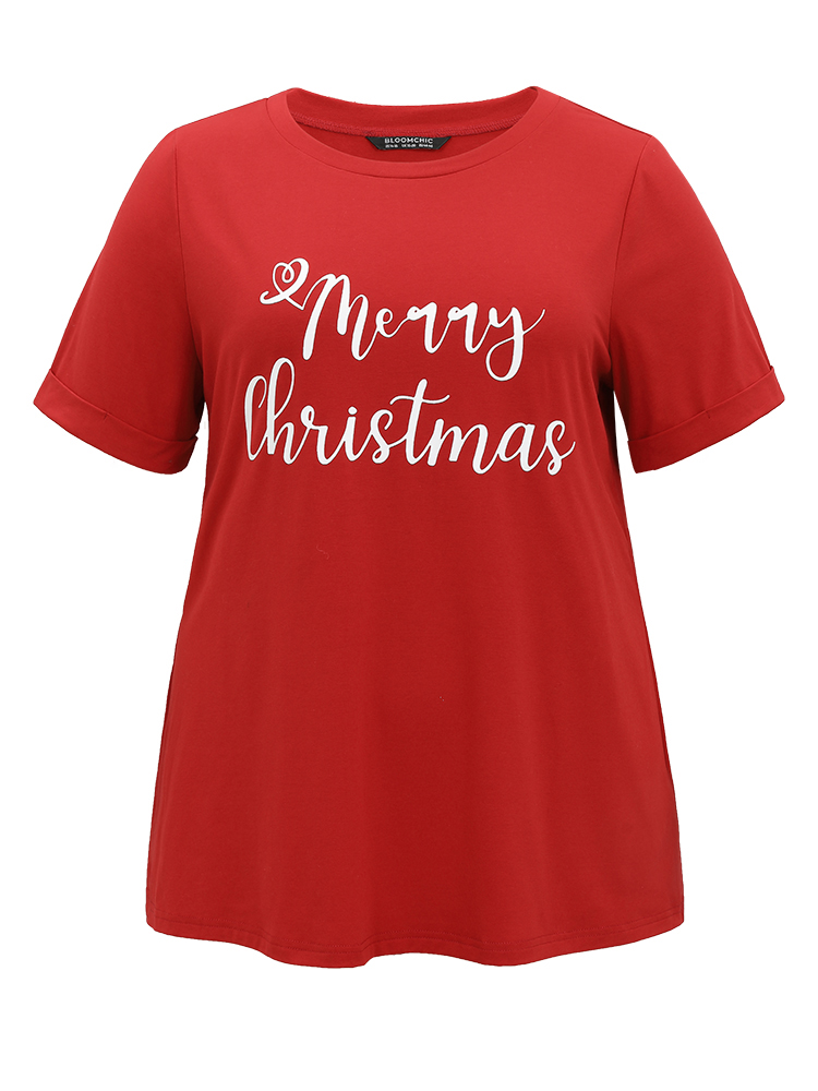 Plus Size Christmas Print Round Neck T-shirt Red Women Casual Printed Christmas Festival-Christmas T-shirts BloomChic 10/M 