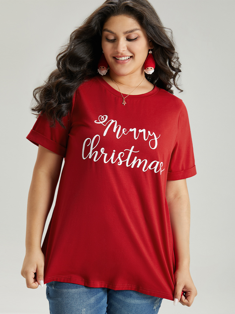 Plus Size Christmas Print Round Neck T-shirt Red Women Casual Printed Christmas Festival-Christmas T-shirts BloomChic 10/M 