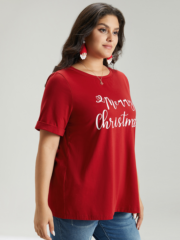 Plus Size Christmas Print Round Neck T-shirt Red Women Casual Printed Christmas Festival-Christmas T-shirts BloomChic 10/M 