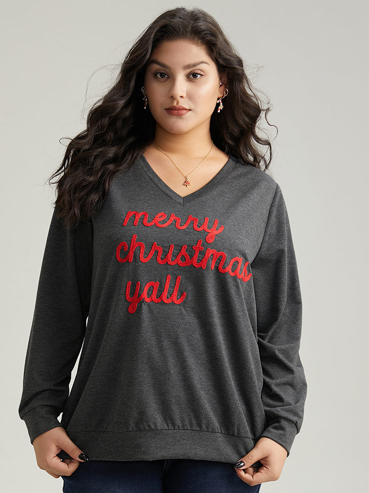 

Plus Size Christmas Letter V Neck Sweatshirt Women DimGray Casual Contrast Festival-Christmas Sweatshirts BloomChic