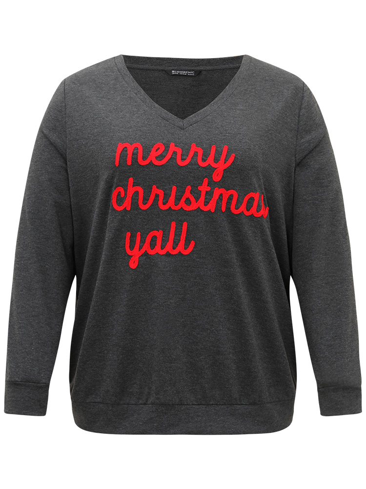 

Plus Size Christmas Letter V Neck Sweatshirt Women DimGray Casual Contrast Festival-Christmas Sweatshirts BloomChic