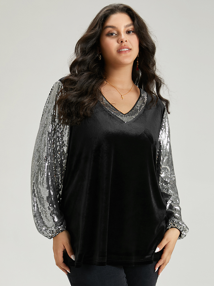 

Plus Size Sequin Patchwork V Neck Lantern Sleeve Sweatshirt Women Black Cocktail Elastic cuffs V-neck Party Sweatshirts BloomChic