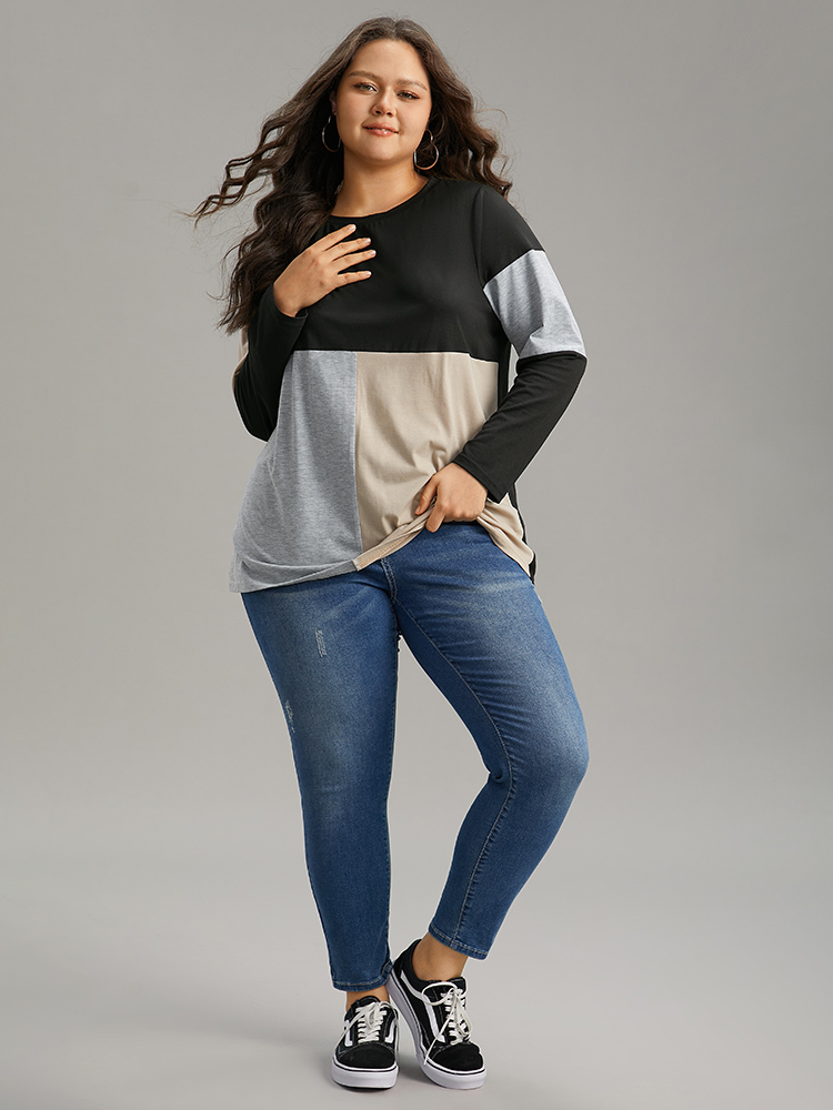 

Plus Size Colorblock Contrast Patchwork Round Neck T-shirt Black Round Neck Long Sleeve Casual Jersey Tops