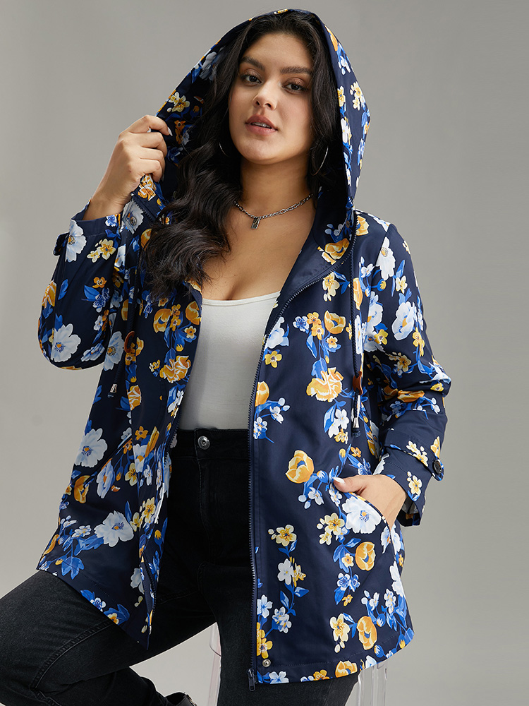 

Plus Size Boho Print Drawstring Hooded Zipper Jacket Women Indigo Printed Pocket Dailywear Jackets BloomChic