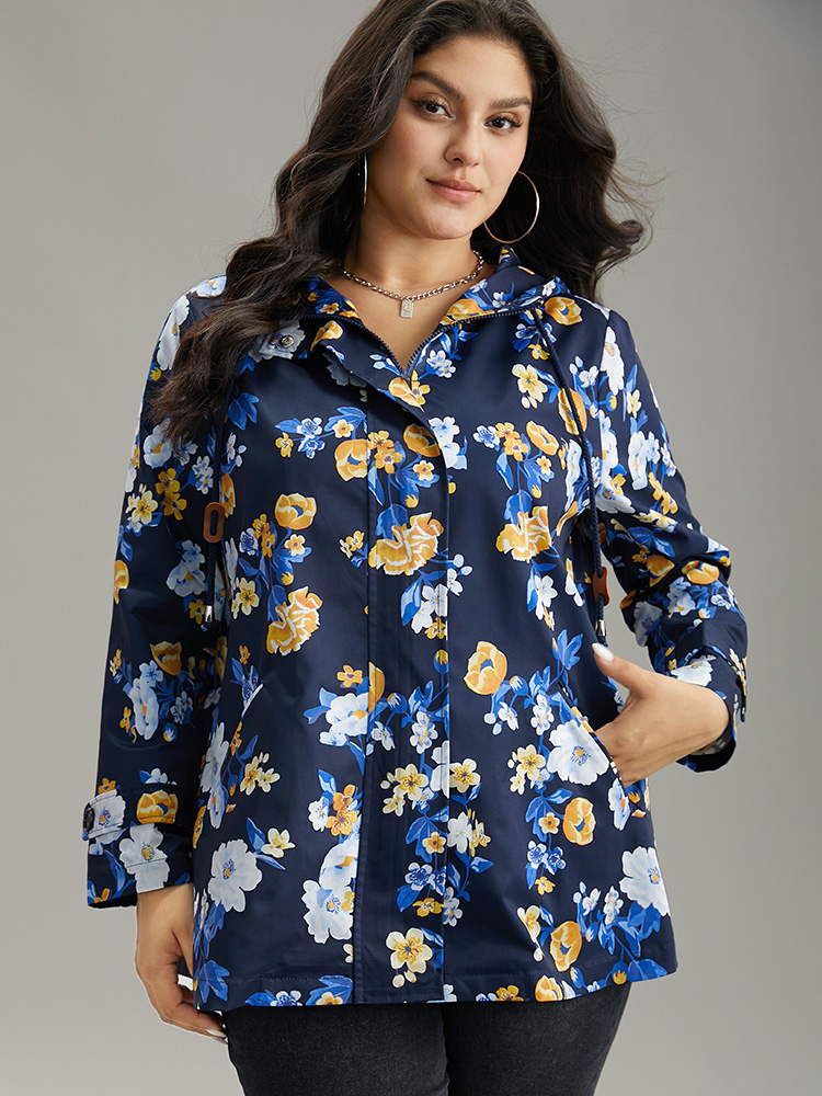 Plus Size Boho Print Drawstring Hooded Zipper Jacket Women Indigo Printed Pocket Dailywear Jackets BloomChic 18-20/2X 