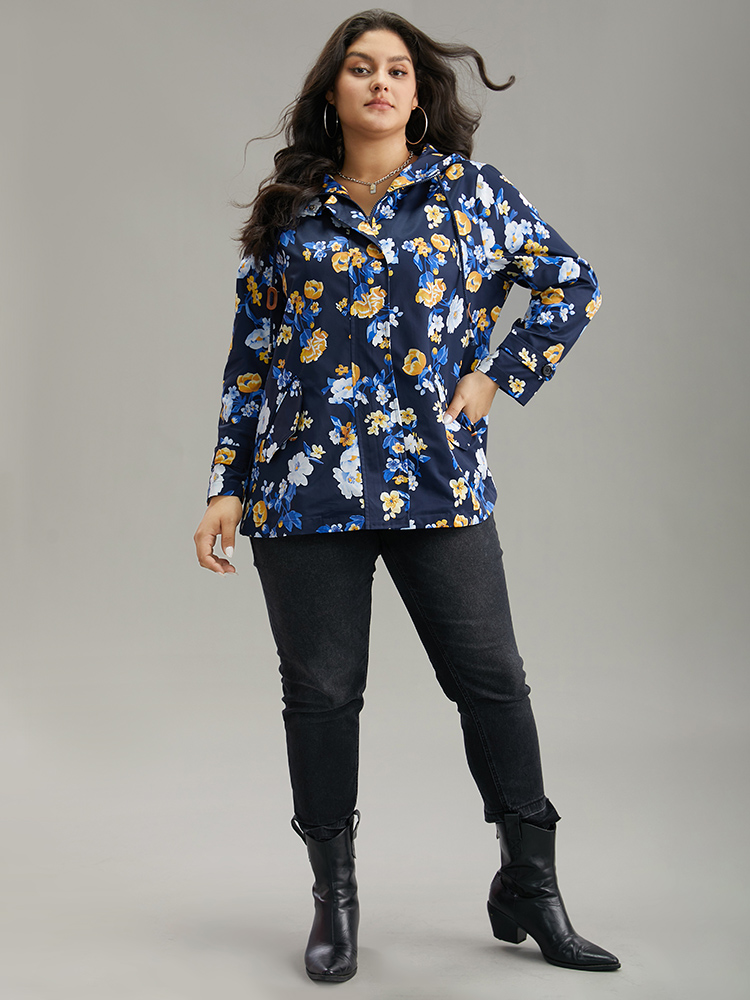 Plus Size Boho Print Drawstring Hooded Zipper Jacket Women Indigo Printed Pocket Dailywear Jackets BloomChic 18-20/2X 