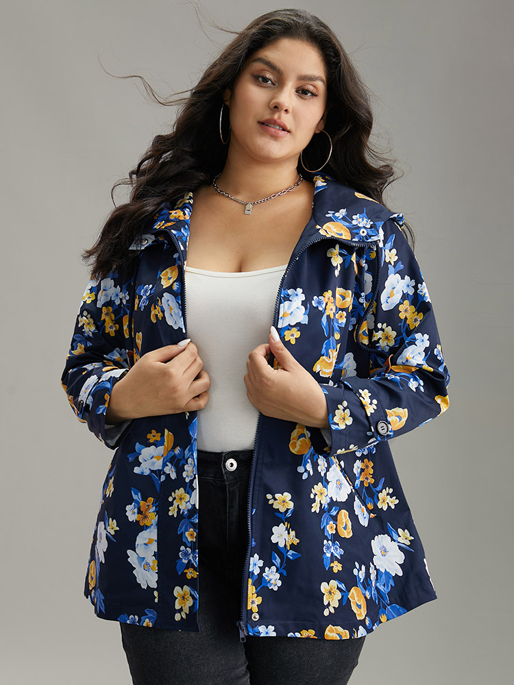 Plus Size Boho Print Drawstring Hooded Zipper Jacket Women Indigo Printed Pocket Dailywear Jackets BloomChic 18-20/2X 