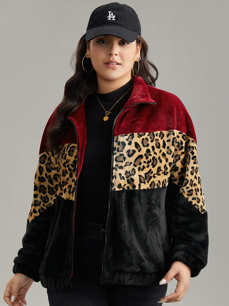 

Plus Size Leopard Colorblock Contrast Zipper Jacket Women Scarlet Contrast Everyday Jackets BloomChic